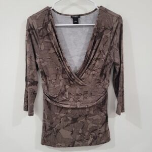 Ann Taylor Brown Patterned Surplice Neck Blouse
